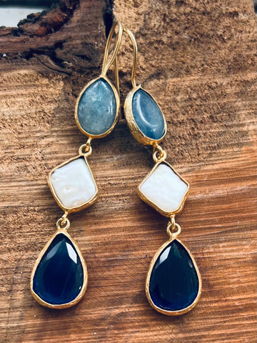 Triple Stone Earring- Sapphire/ Mother of Pearl/ Agate