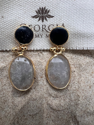 Double Stone Earring-  Obsidian/ Amethyst