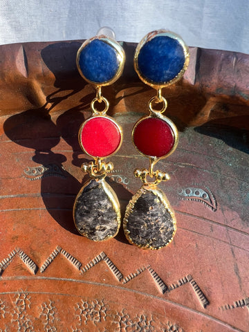 Triple Stone Earring- Larvikite/ Agate Saphire
