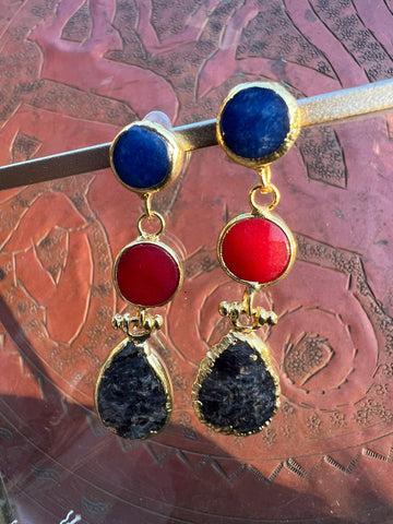 Triple Stone Earring- Larvikite/ Agate Saphire