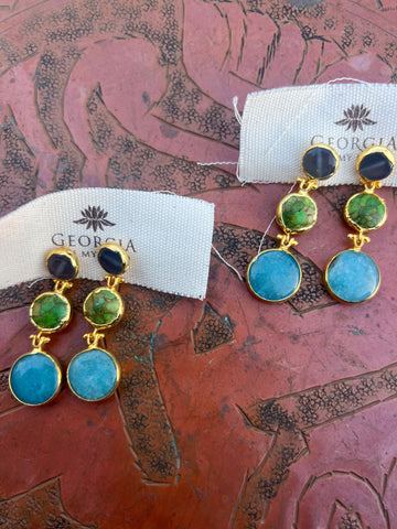 Triple Stone Earring- Amazonite/ Turquoise/ Agate