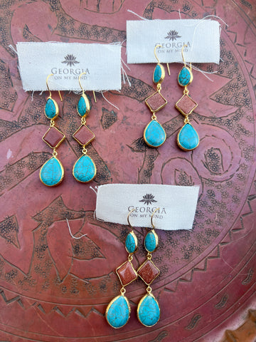 Triple Stone Earring- Turquoise/ Goldstone