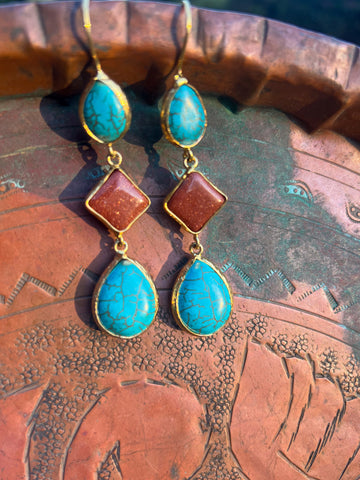 Triple Stone Earring- Turquoise/ Goldstone