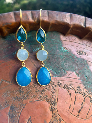 Triple Stone Earring- Chrysocolla Chalcedony/ Carnelian Agate