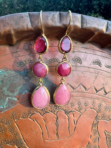 Triple Stone Earring- Zeosite/ Crackle Quartz/ Cats Eye