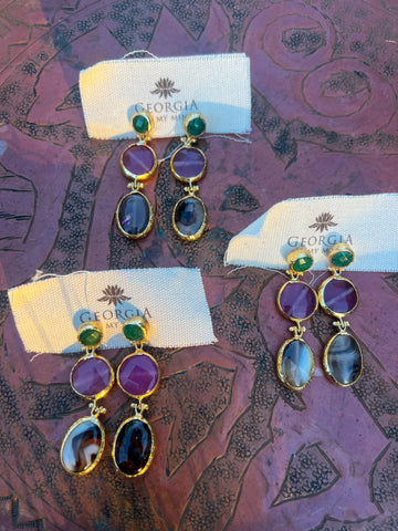 Triple Stone Earring- Bostwana Agate/ Agate/ Amethyst