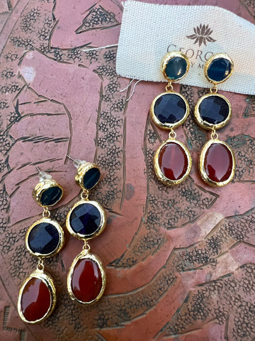 Triple Stone Earring- Carnelian Agate/ Black Agate/ Agate