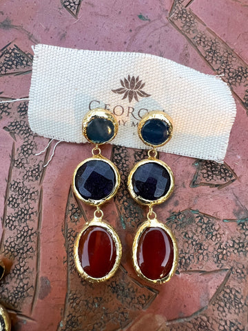 Triple Stone Earring- Carnelian Agate/ Black Agate/ Agate