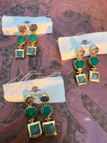 Triple Stone Earring- Green Chalcedony/ Amethyst