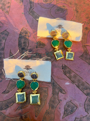 Triple Stone Earring- Green Chalcedony/ Amethyst