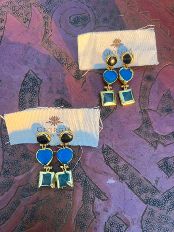 Triple Stone Earring- Green Chalcedony/ Chrysocolla Cahlcedony/ Black Agate