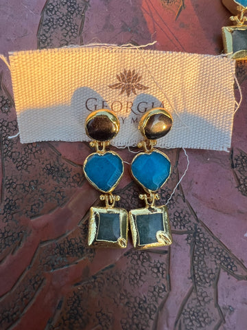 Triple Stone Earring- Green Chalcedony/ Chrysocolla Cahlcedony/ Black Agate