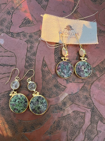 Double Stone Earring- Ruby In Zoisite/ Clear Quartz