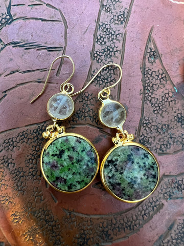 Double Stone Earring- Ruby In Zoisite/ Clear Quartz