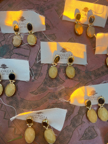 Double Stone Earring- Yellow Jasper/ Black Agate