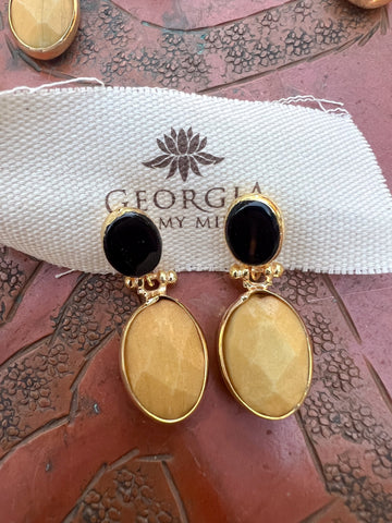 Double Stone Earring- Yellow Jasper/ Black Agate
