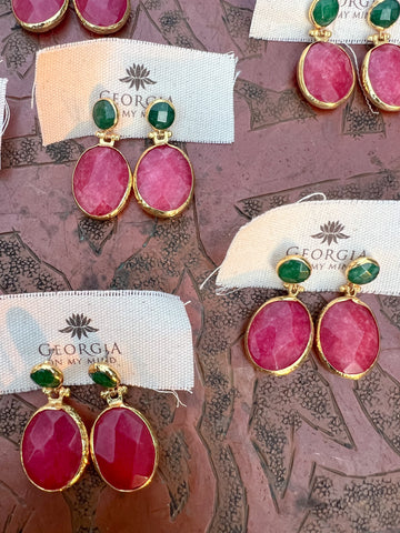 Double Stone Earring- Crackle Quartz/ Green Chalcedony