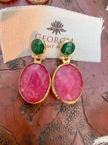 Double Stone Earring- Crackle Quartz/ Green Chalcedony