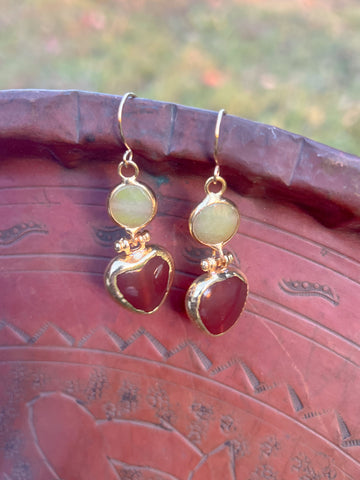 Double Stone Earring- Carnelian Agate/ Green Agate Heart