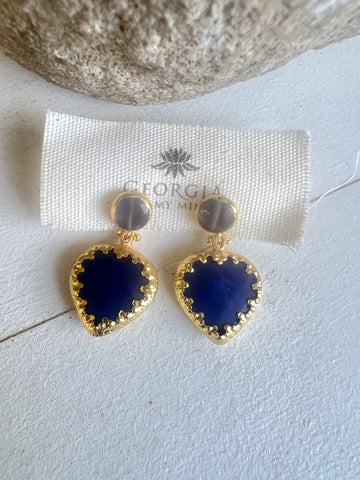 Double Stone Earring- Blue Agate/ Amethyst Heart