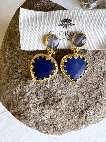 Double Stone Earring- Blue Agate/ Amethyst Heart