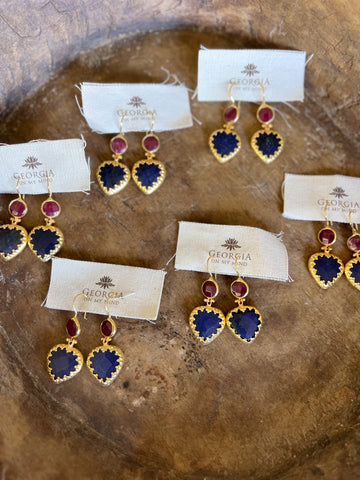 Double Stone Earring- Blue Agate/ Ruby Agate