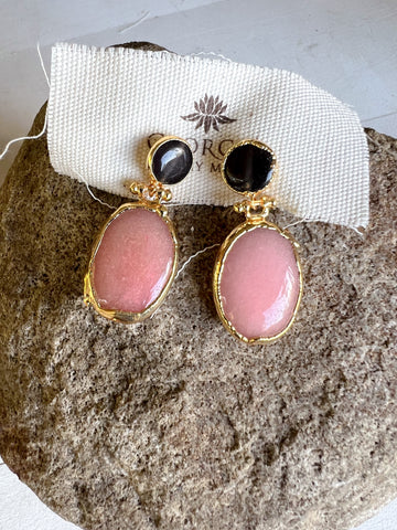 Double Stone Earring- Rose Quartz/ Black Agate