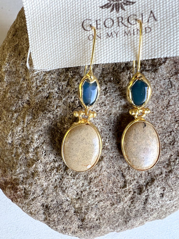 Double Stone Earring- Yellow Jasper/ Black Agate