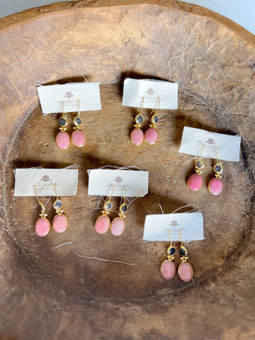 Double Stone Earring- Rose Quartz/ Black Agate Hoop