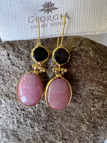 Double Stone Earring- Rose Quartz/ Black Agate Hoop