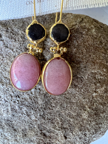Double Stone Earring- Rose Quartz/ Black Agate Hoop