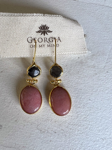 Double Stone Earring- Rose Quartz/ Black Agate Hoop