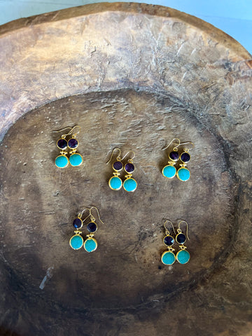Double Stone Earring- Turquoise/ Amethyst Hoop