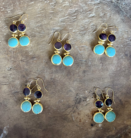 Double Stone Earring- Turquoise/ Amethyst Hoop