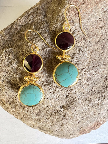 Double Stone Earring- Turquoise/ Amethyst Hoop