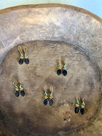 Double Stone Earring- Black Agate/ Aventurine Hoop