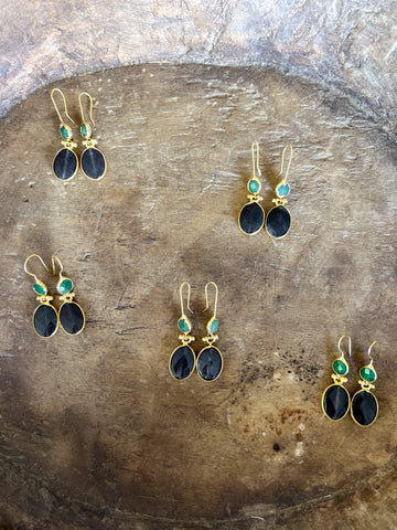 Double Stone Earring- Black Agate/ Aventurine Hoop