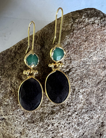 Double Stone Earring- Black Agate/ Aventurine Hoop